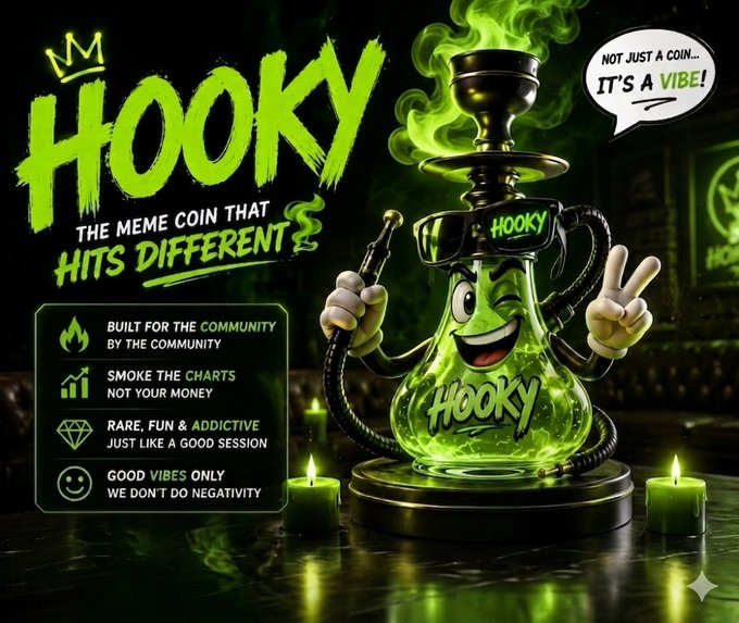The image features a hooky coin advertisement with a cartoon-like depiction of a shisha device sitting on top of a table against a dark green background. The coin has several statistics displayed about its usage, such as "Built for the community by the community", "No your money", and "GoodVibes only". Surrounding the hooky coin are several candles placed in various positions around it. The post includes a caption that mentions "#HOOKY #CryptoMemes #Solana #LFG" in an attempt to link the image with its content, but this doesn't seem to be a direct relation or relevant information for the main hooky coin advertisement.