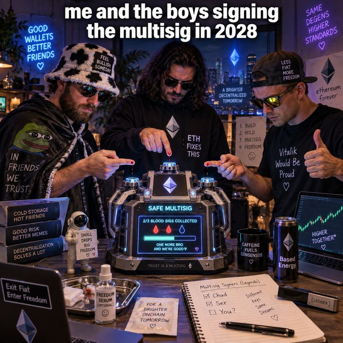 An AI-generated meme titled "me and the boys signing the multisig in 2028" depicting three men in a crypto-themed room pointing at a machine labeled "SAFE MULTISIG" displaying "2/3 BLOOD SIGS COLLECTED."