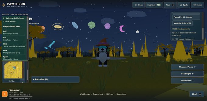 A screenshot from the video game "PAWTHEON - THE SURVIVING SOUL" shows a witch-hat-wearing dog avatar in a nighttime forest with planets overhead, alongside HUD elements listing players like "FireBorg" and a quest for "Flame 21/50".