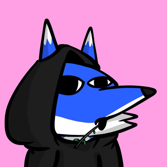 An illustration of a character with a blue fox-like face wearing a black hooded cloak, set against a solid pink background.