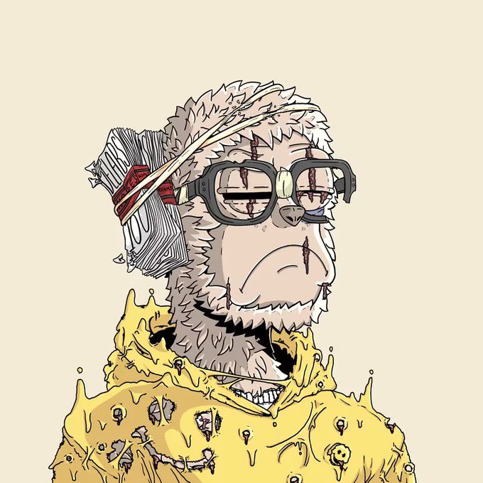 An illustrated image shows a defeated-looking monkey character wearing broken glasses, with its head wrapped in bandages, money strapped to it, and a yellow hoodie covered in holes.