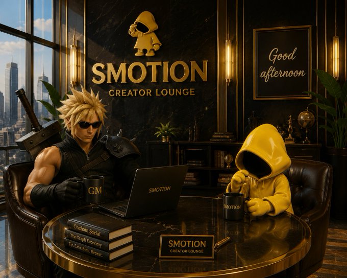 A promotional image for 'SMOTION CREATOR LOUNGE' featuring a muscular blonde character resembling Cloud Strife from Final Fantasy VII seated at a desk opposite a yellow hooded figure, with 'Good afternoon' displayed on the wall.