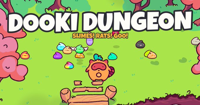 A vibrant title screen for the game 'DOOKI DUNGEON' with the subtitle 'SLIMES! RATS! GO!' featuring colorful slimes and a raccoon-like character on a wooden bridge.