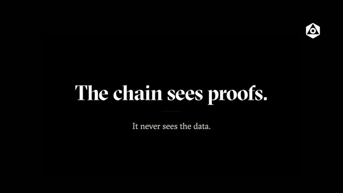 A black screen with white text reading 'The chain sees proofs. It never sees the data.' and a small logo in the top right corner.