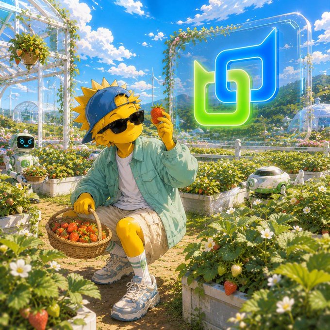 A stylized animated character with yellow skin and spiky hair, wearing a blue cap, sunglasses, and a green jacket, sits in a strawberry garden holding a basket of strawberries. A large glowing blue and green logo resembling SpongeBob's pants is displayed in the background alongside futuristic elements.