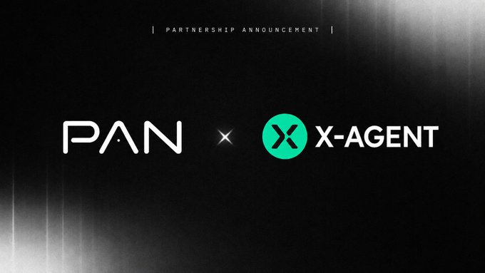 A "PARTNERSHIP ANNOUNCEMENT" graphic featuring the PAN and X-AGENT logos (including the green X-Agent icon) side-by-side with a sparkle divider on a dark background, visually introducing the collaboration between PAN as a "Demand Layer for AI Compute" and X-Agent's zero-code AI agent builder platform.