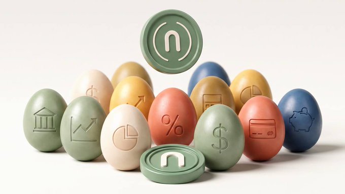 A collection of pastel-colored eggs, each embossed with various financial symbols (such as %, $, pie charts, bank icons, and credit cards), arranged around a green egg displaying the letter "n"—matching the "Nest" brand—visually evokes the concept of Nest's newly launched 2SPY and 2QQQ leveraged equity ETFs on Solana.