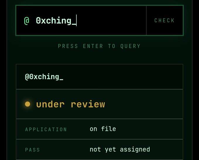 A dark green terminal-style interface shows a query for '@0xching_' with a CHECK button, displaying results that the handle is '@0xching_', 'under review', with APPLICATION 'on file' and PASS 'not yet assigned'.