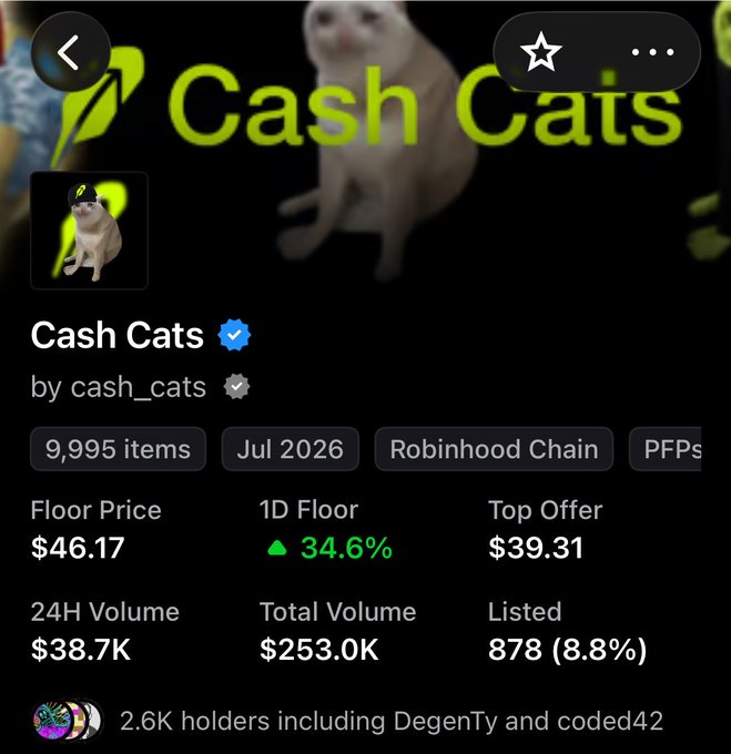 An NFT collection page for 'Cash Cats' by cash_cats on Robinhood Chain, showing 9,995 items with a floor price of $46.17, up 34.6% in 24 hours.