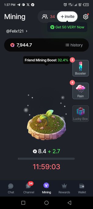 A screenshot of a mobile mining app shows a user (@Felix121) earning $VERY tokens at a rate of 8.4 + 2.7 per cycle with 7,944.7 total mined and a 32.4% friend mining boost. The image visually supports the post's excitement about the impending $VERY token distribution, displaying the active mining interface with options like Booster, Rain, and Lucky Box.
