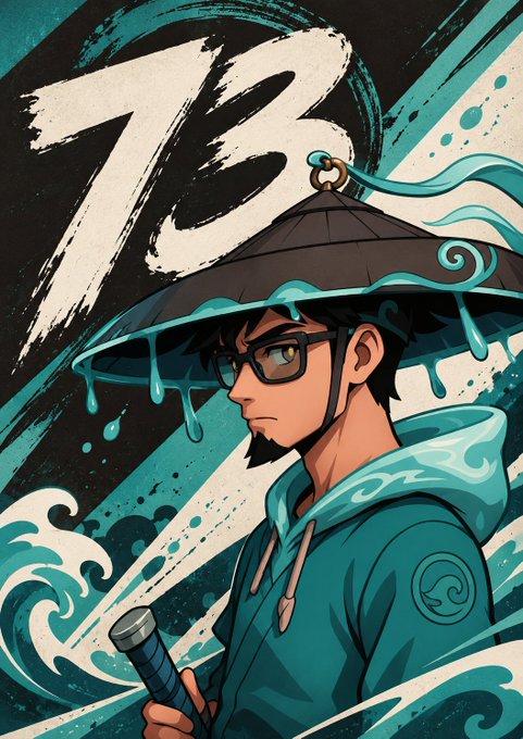 A stylized anime illustration of a young man wearing glasses, a teal hoodie, and a traditional conical hat with teal liquid dripping from it, holding a sword hilt, with the number '13' painted in the background.