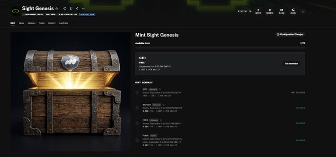 A dark-themed NFT loot box interface for 'Mint Sight Genesis' showing a treasure chest and mint schedules with GTO/FD/Public rounds priced in ETH.