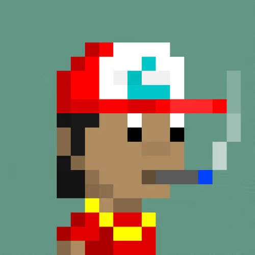 A pixel art style portrait of a character wearing a red and white cap with a 'C' logo and holding a cigarette.