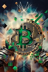 Stylized digital artwork featuring a large gold Bitcoin symbol with circuit board details, surrounded by green candlestick chart patterns and bright light effects.