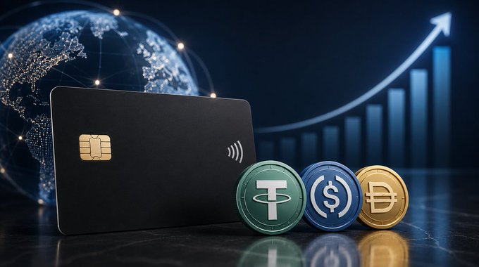 A financial graphic displays a black credit card with a chip, alongside three cryptocurrency coins (Tether, USDC, and Bitcoin), set against a glowing digital globe and an ascending bar chart with an upward arrow.