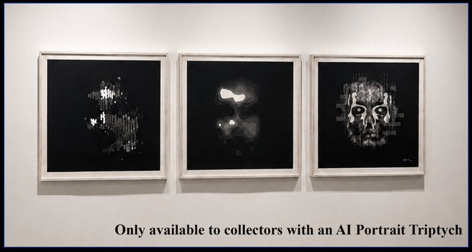 Three framed black-and-white artworks hang in a row on a white wall, featuring glitch-style portraits and abstract digital imagery. Below the display, text reads "Only available to collectors with an AI Portrait Triptych," indicating the limited-edition print set tied to VanArman's NFT collection mentioned in the post.