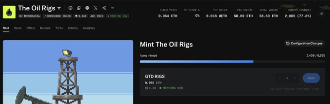 A screenshot of a webpage for minting 'The Oil Rigs' NFT, showing a pixel-art image of an oil rig and minting statistics including 'ITEMS MINTED 3,409 / 5,555' and 'QTD RIGS 0.089 ETH'.