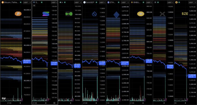 A multi-panel TradingView dashboard displays real-time cryptocurrency charts for BTC, SUI, SUNUSDT, ETH, SNBU, and SZE, showing BTC trading in the 84,000–89,000 USDT range, which aligns with the post's bullish "Max pain is up" sentiment targeting 88k as the next key resistance level.