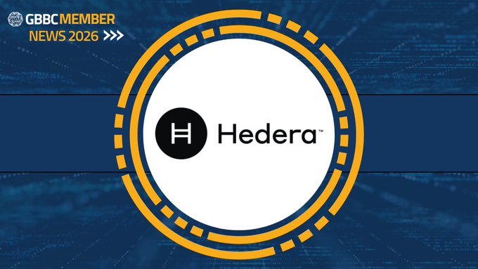 GBBC Member News 2026 graphic featuring the Hedera logo, highlighting Hedera's role in supporting Aberdeen Investments, Lloyds Banking Group, and Archax in completing the UK's first FX trades using tokenized real-world assets as collateral.