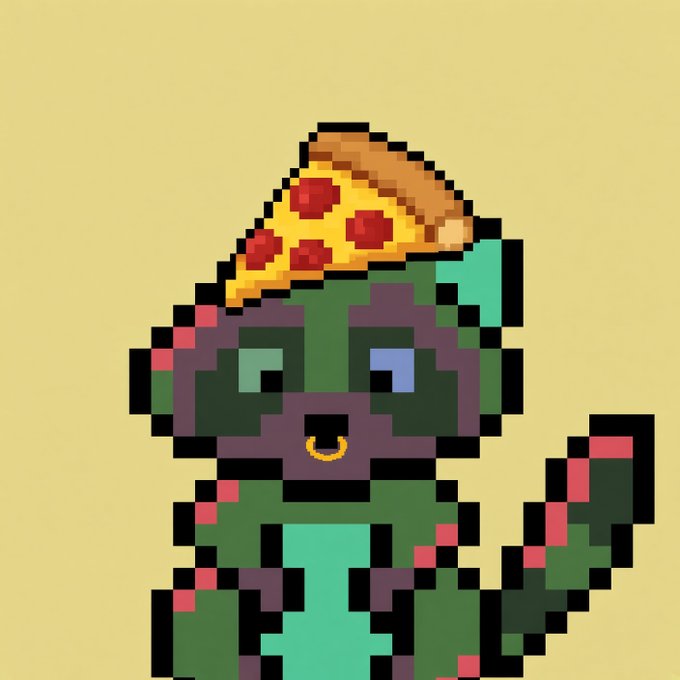 A pixel art character depicting a green and purple cat-like creature with mismatched eyes (one green, one blue), a gold nose ring, a pizza slice hat, and pink-spotted tentacle-like appendages on a yellow background.