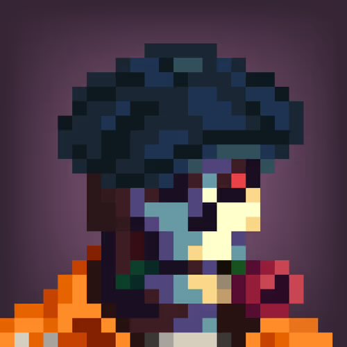 A pixel art portrait of a character with dark blue/black hair in an orange and brown clothing against a purple gradient background, with eyes censored/pixelated.
