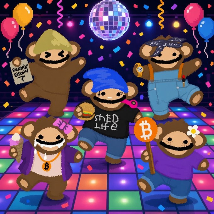 A pixel-art disco scene shows five funky sock monkeys partying under a glittering ball, with one holding a "RUNNIN BITCOIN" sign, another sporting a "shE'D LifE" shirt, and one waving a Bitcoin sign—capturing the carefree, dancing-on-strings vibe of feeling good as a puppet.
