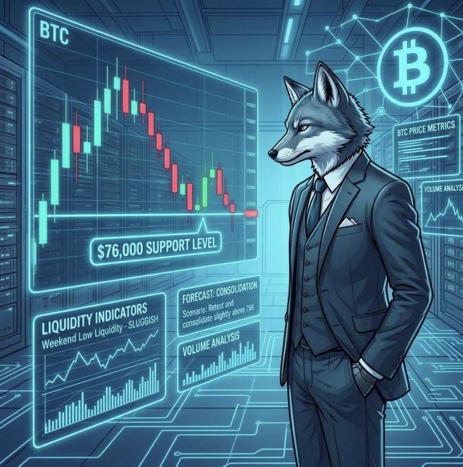 An anthropomorphic wolf in a suit stands confidently beside glowing holographic displays showing BTC price charts, with the Bitcoin logo prominently featured and key text reading "$76,000 SUPPORT LEVEL," "LIQUIDITY INDICATORS," "Weekend Low Liquidity - SLUGGISH," and "FORECAST: CONSOLIDATION." The image visually reinforces the post's analysis by illustrating Bitcoin's correction toward the $76K support zone and foreshadowing the weekend liquidity concerns the author is about to explain.