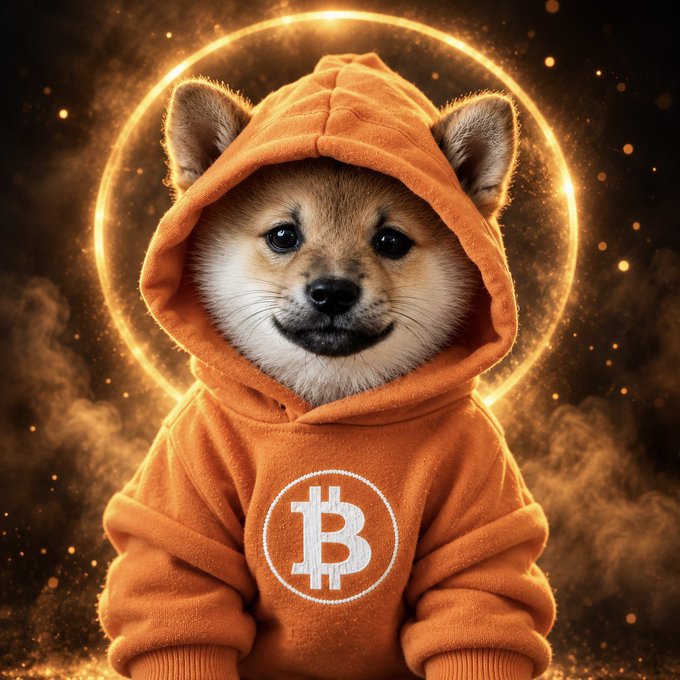 Digital art illustration of a smiling Shiba Inu dog wearing an orange hoodie with a Bitcoin 'B' logo, set against a glowing golden circular halo and a smoky, starry background.