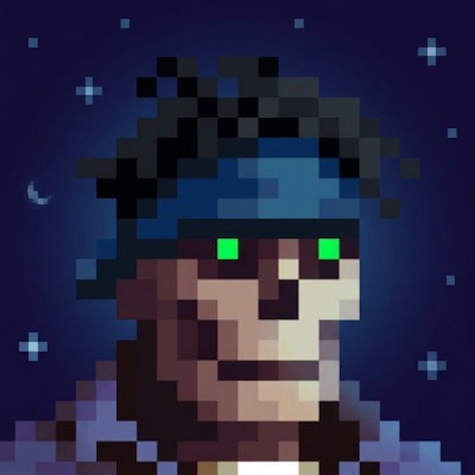 A pixel art portrait of a man with dark hair, glowing green eyes, and a serious expression is set against a dark blue starry background with a small crescent moon.