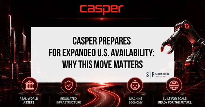 The image is a promotional graphic for Casper Network, headlined "CASPER PREPARES FOR EXPANDED U.S. AVAILABILITY: WHY THIS MOVE MATTERS," featuring the Casper logo at the top, a robotic arm graphic, and four feature icons highlighting Real-World Assets, Regulated Infrastructure, Machine Economy, and Built for Scale. It aligns with the post's announcement of Casper's planned U.S. expansion, visually emphasizing the network's institutional and RWA-focused infrastructure milestones teased for July.