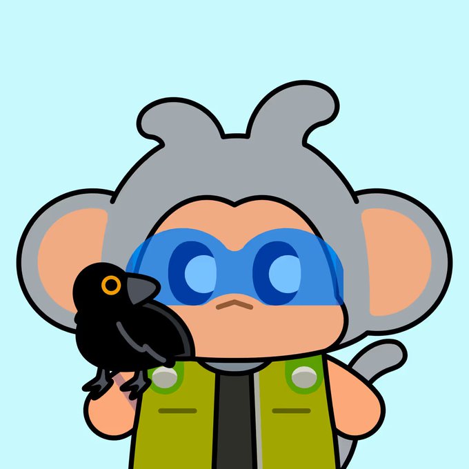 A cartoon illustration of a grey monkey character with blue glasses, a green vest, and a black crow perched on its arm.