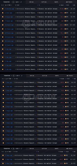 Screenshot of a cryptocurrency wallet transaction history showing multiple large BTC deposits and outflows from 'Binance: Hot Wallet (bc1qp)', with values ranging from approximately 50 to 520 BTC.