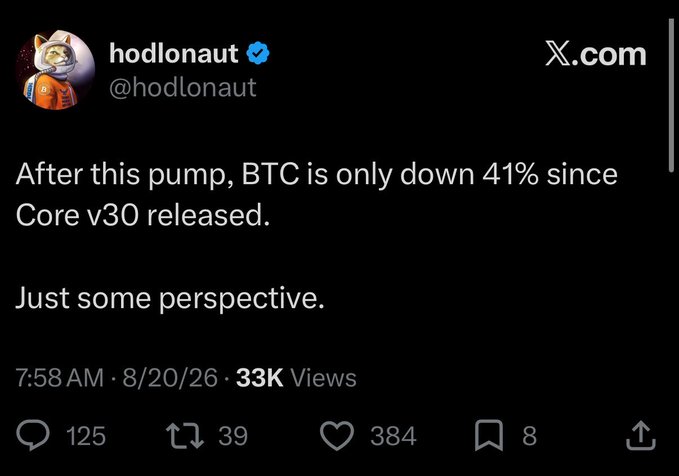 A tweet from verified user @hodlonaut on X.com reading 'After this pump, BTC is only down 41% since Core v30 released. Just some perspective.' posted at 7:58 AM on 8/20/26 with 33K views, 125 replies, 39 reposts, 384 likes, and 8 bookmarks.