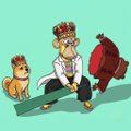 Cartoon illustration on a green background of a king sitting on a bench between two dogs dressed as knights in armor.
