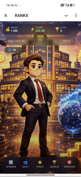 The image shows an advertisement for a game called "RankX", which features a cartoon character dressed as a businessman, standing in front of a building with a globe and other buildings behind him. The text in the image suggests that the player can collect points by interacting with the game's interface or by participating in a specific action within the game.