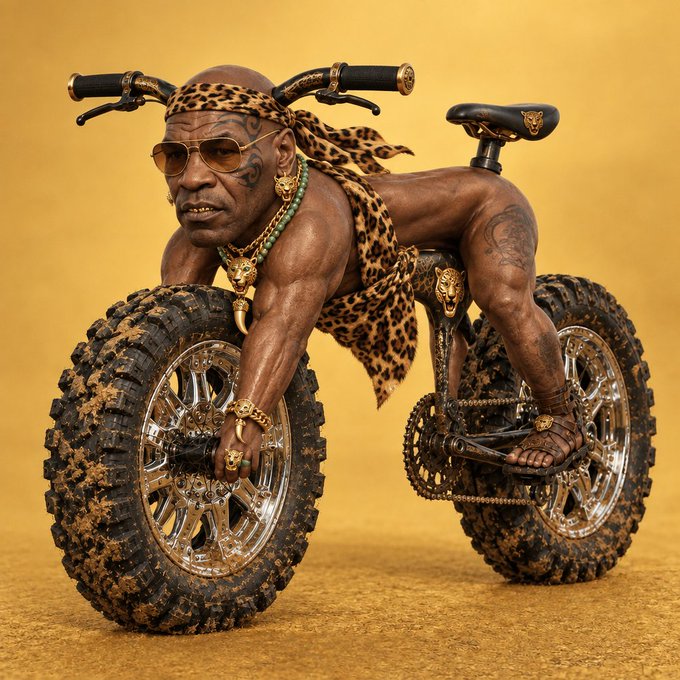 A surreal digital artwork of a muscular man with a leopard print headwrap, gold chains, and sunglasses riding a bicycle with massive off-road tires on a yellow background.