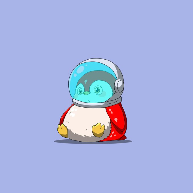 A digital illustration of a cute penguin-like character wearing a space helmet and a red cape on a light purple background.