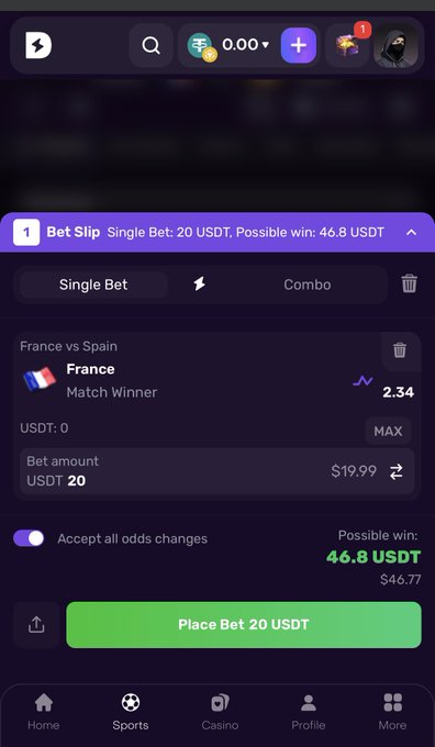 A mobile screenshot of the Dexsport betting slip for a France vs Spain "Match Winner" wager, showing a 20 USDT single bet at 2.34 odds with a possible win of 46.8 USDT ($46.77). The image illustrates the author placing a pre-kickoff bet on the World Cup match referenced in the caption.