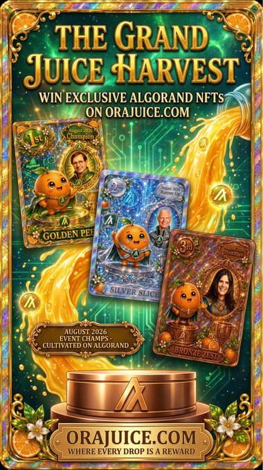 A promotional poster for 'THE GRAND JUICE HARVEST' on orajuice.com, advertising an August 2026 event to win exclusive Algorand NFTs, showing Golden, Silver, and Bronze tier cards with cartoon orange characters.