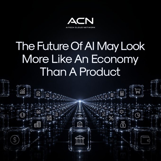The image shows a series of cubes with various icons, including a bank, a house, and an airplane, arranged in rows against a black background. The text above the image reads "The Future Of AI May Look More Like An Economy Than A Product." This suggests that the image is related to the post about the future of artificial intelligence (AI) and how it may change over time compared to traditional products.