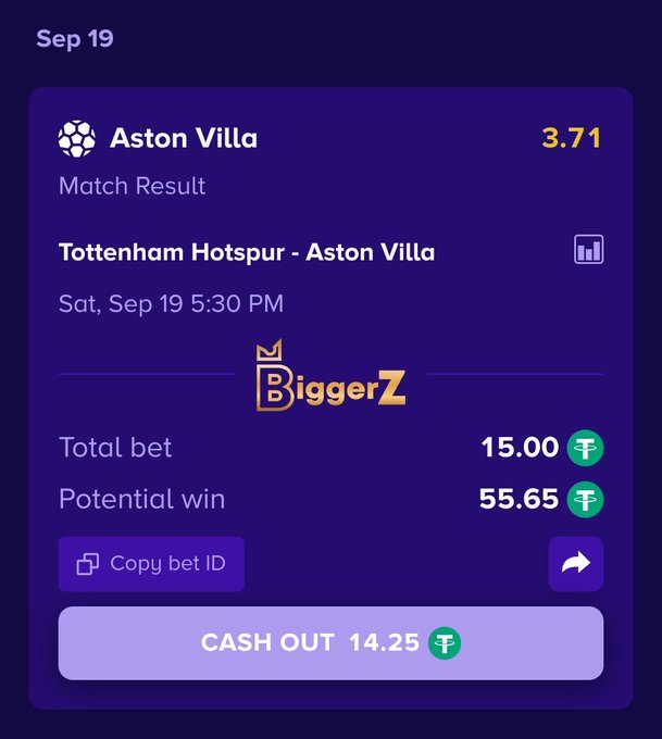 A sports betting app screenshot showing a wager on a Tottenham Hotspur vs Aston Villa match result (Aston Villa at 3.71 odds) on Sep 19, with a 15.00 rupee total bet, a 55.65 rupee potential win, and a 'CASH OUT 14.25' option from BiggerZ.