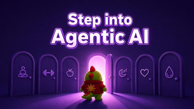 A neon-styled graphic reads "Step into Agentic AI" above a small green dinosaur in a red star shirt standing in a glowing doorway surrounded by purple doors with various icons.