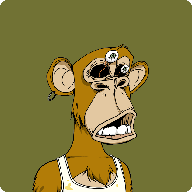 A cartoon illustration of a brown monkey with bulging eyes and a worried expression, wearing a white tank top against an olive green background.