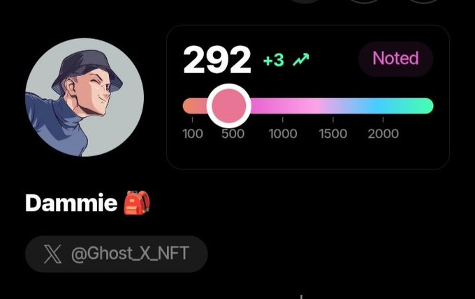 The image shows a profile card for "Dammie" (@Ghost_X_NFT) with a sleep score of 292, up +3, displayed on a colorful gradient scale ranging from 100 to 2000, alongside a "Noted" badge. This directly relates to the post, which references the user's updated sleep score of 292 (+3) and ties into their discussion of Sleepagotchi's sleep tracking system and what happens after a sleep score is recorded.