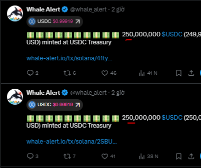 Two tweets from the verified 'Whale Alert' account reporting that 250,000,000 USDC were minted at the USDC Treasury, with a slight decrease in value.