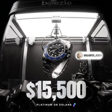 A luxury watch advertisement featuring a Rolex-style timepiece inside a metallic container, labeled 'beezie' with the price '$15,500' and the text 'PLATINUM ON SOLANA' along with the handle '@RALIWINNER_413111'.