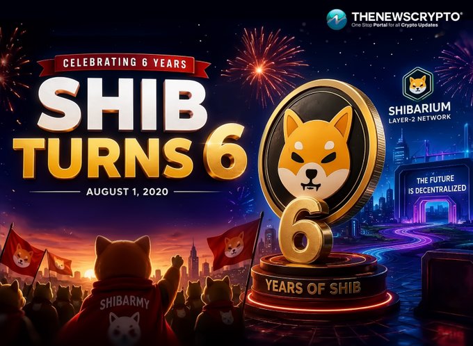 A promotional graphic titled "SHIB TURNS 6" celebrating 6 years of Shiba Inu cryptocurrency, featuring a large gold coin with a dog face, the text "AUGUST 1, 2020," and "SHIBARIUM LAYER-2 NETWORK," sourced from "THENEWSCRYPTO."