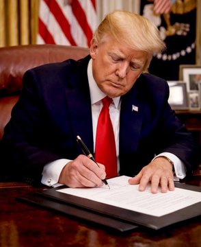Donald Trump is shown in the Oval Office, wearing a dark suit and red tie, signing a document on his desk with a serious expression, visually reinforcing his quoted statement about ensuring that cryptocurrency mining, minting, and creation happen in the United States.