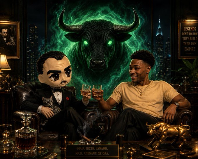The image depicts a stylized "Godfather" scene with a cartoonish figure resembling a meme character and a smiling man toasting whiskey glasses in front of a glowing green bull, while a small kitten sits on the cartoon character's lap—visually echoing the post's bullish celebration of the $ANSEM airdrop and the call for others to "keep bull posting."