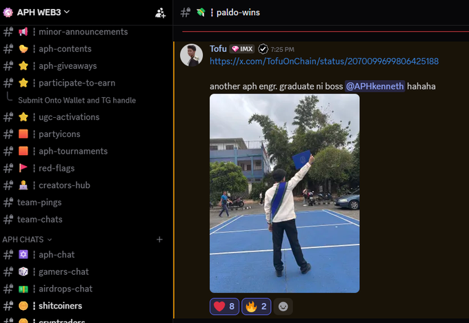 A Discord screenshot from the APH WEB3 server's #paldo-wins channel shows user "Tofu" (IMX) sharing an X/Twitter post by @TofuOnChain at 7:25 PM, featuring a photo of a person in a graduation gown on a blue tennis court, celebrating another APH engineer graduate with the caption "another aph engr. graduate ni boss @APHkenneth hahaha" — earning 8 hearts and 2 reactions.